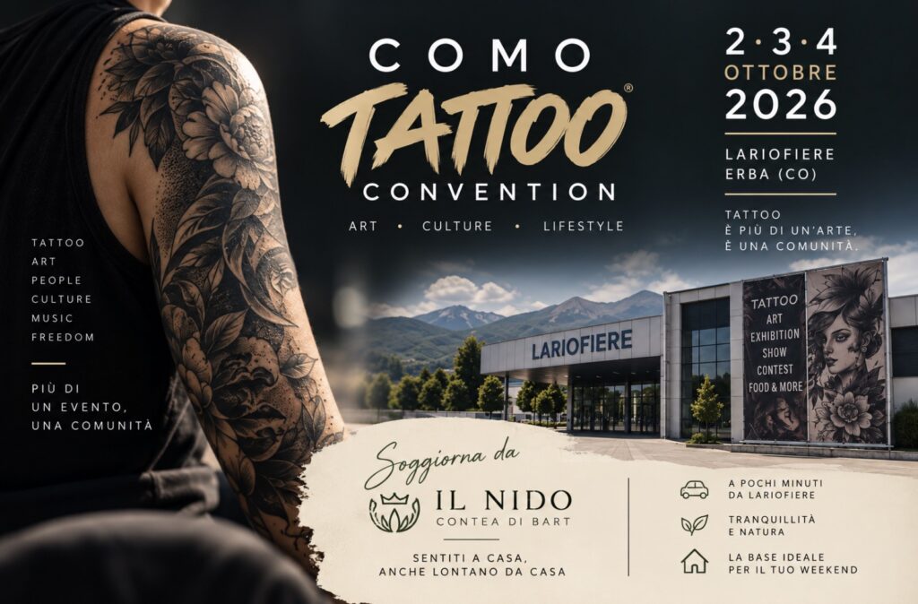 Como Tattoo Convention 2026 a Lariofiere di Erba con Il Nido – Contea di Bart come soluzione per soggiornare vicino all’evento